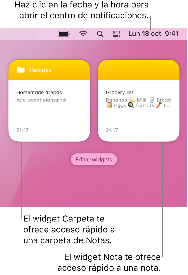 Dos widgets de Notas: el widget Carpeta muestra una carpeta en Notas y el widget Nota muestra una nota. Haz clic en la fecha y la hora de la barra de menús para abrir el centro de notificaciones.