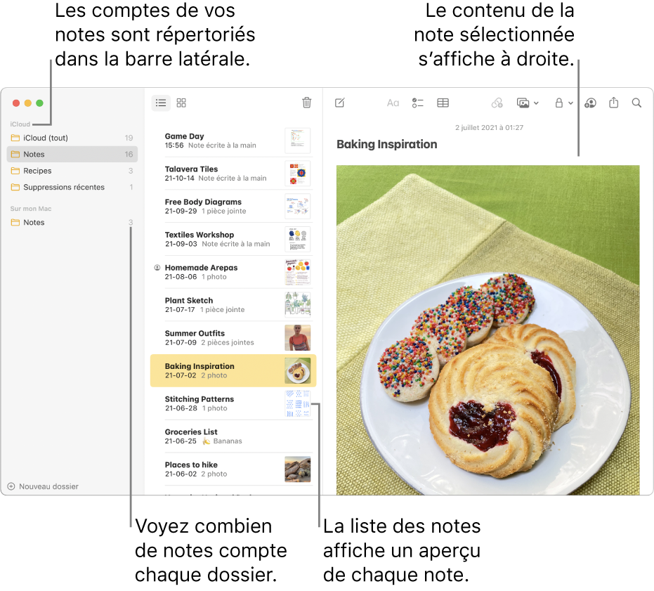 La fenêtre Notes avec tous vos comptes configurés et dossiers répertoriés dans la barre latérale sur la gauche, la liste des notes au milieu avec un aperçu de chaque note et le contenu de la note sélectionnée sur la droite. Le nombre de notes s’affiche à côté de chaque dossier.