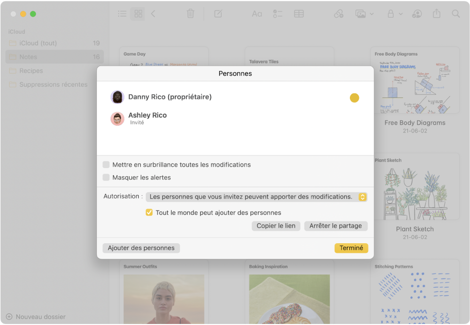 Les notes s’affichent en présentation par galerie lorsque vous choisissez de gérer une note partagée. La liste des personnes ajoutées à la note et les options disponibles s’affichent.