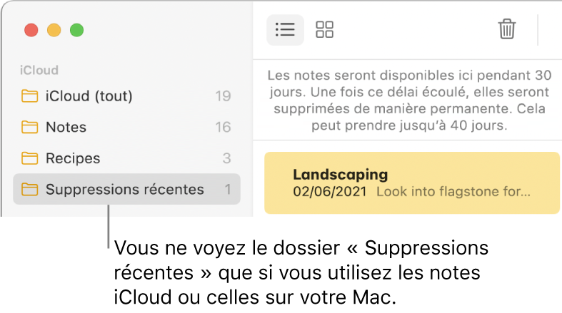 La fenêtre Notes avec le dossier Suppressions récentes dans la barre latérale et une note récemment supprimée. Le dossier Suppressions récentes s’affiche uniquement si vous utilisez des notes iCloud ou des notes stockées sur votre Mac.
