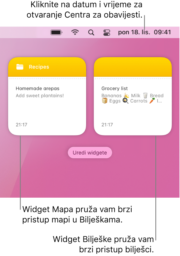 Dva widgeta za Bilješke – widget Mapa prikazuje mapu u Bilješkama, a widget Bilješka prikazuje bilješku. Kliknite na datum i vrijeme na traci s izbornicima za otvaranje Centra za obavijesti.