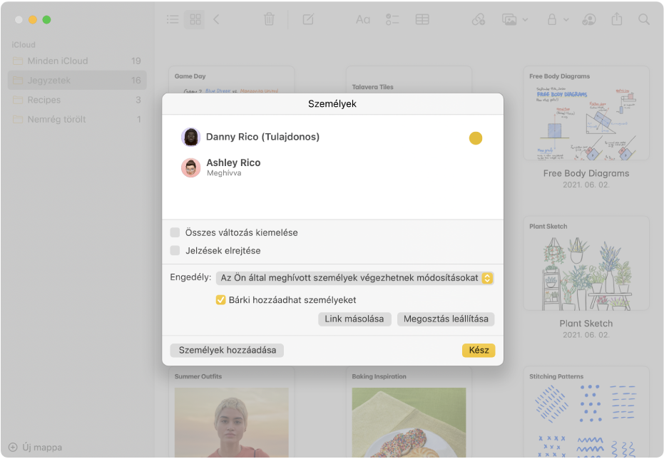 Jegyzetek galérianézetben, a megosztott jegyzet kezelése beállítás kiválasztását követően. Megtekintheti a jegyzethez hozzáadott emberek és az elérhető beállítások listáját.