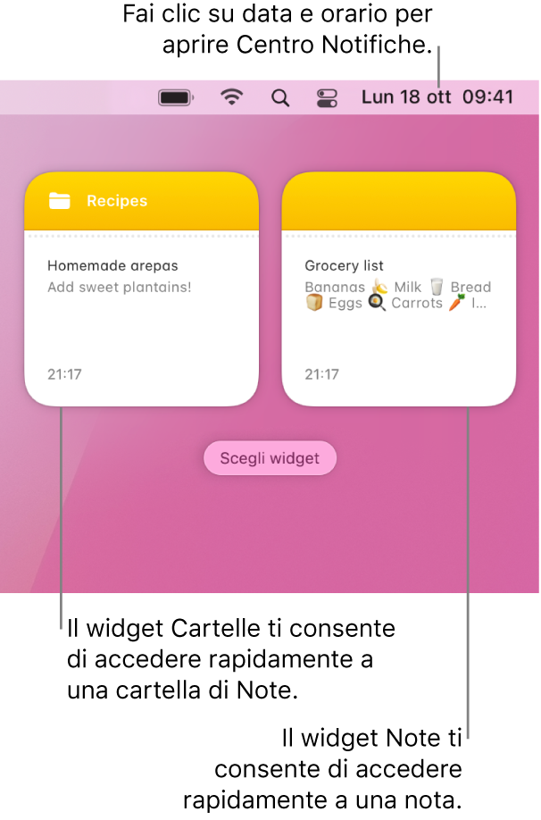 Due widget di Notes: il widget Cartella, che mostra una cartella di Note, e il widget Nota, che mostra una nota. Fai clic su data e ora nella barra dei menu per aprire Centro Notifiche.