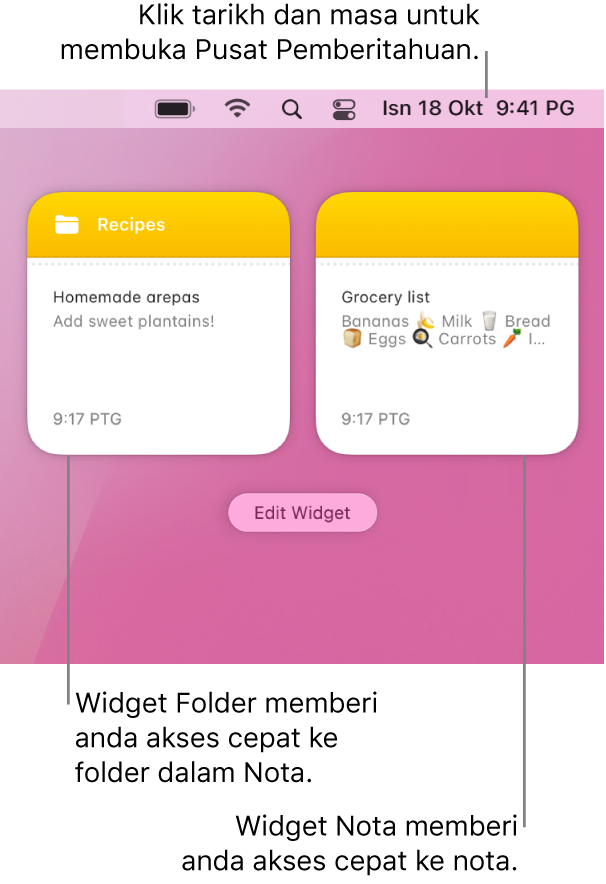 Dua widget Nota—widget Folder menunjukkan folder dalam Nota dan widget Nota menunjukkan nota. Klik tarikh dan masa dalam bar menu untuk membuka Pusat Pemberitahuan.