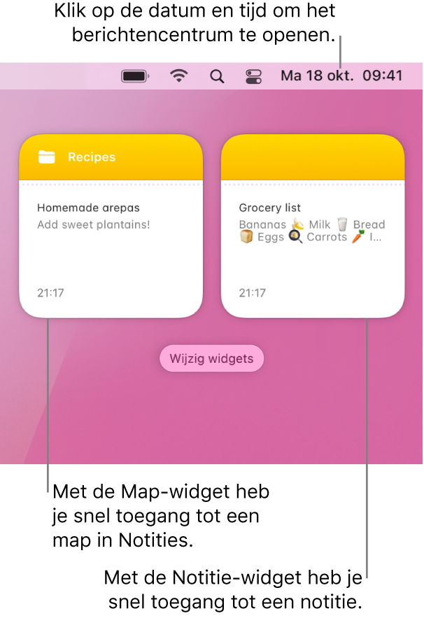 Twee Notities-widgets: de Map-widget met een map in Notities en de Notitie-widget met een notitie. Klik op de datum en tijd in de menubalk om het berichtencentrum te openen.