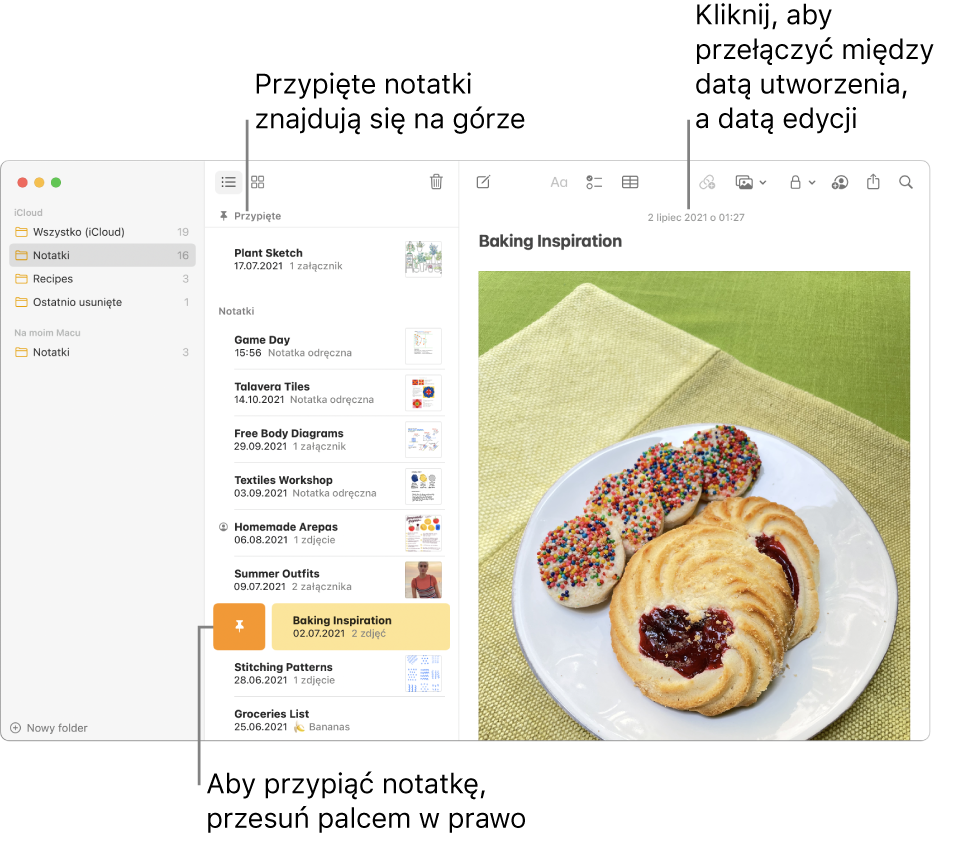 Okno Notatek z listą notatek na środku, przypiętymi notatkami na górze listy oraz przyciskiem pinezki na jednej notatce. Po prawej wyświetlana jest zawartość notatki, a na jej górze widoczna jest data. Kliknij w tę datę, aby przełączyć między datą utworzenia i datą edycji notatki.