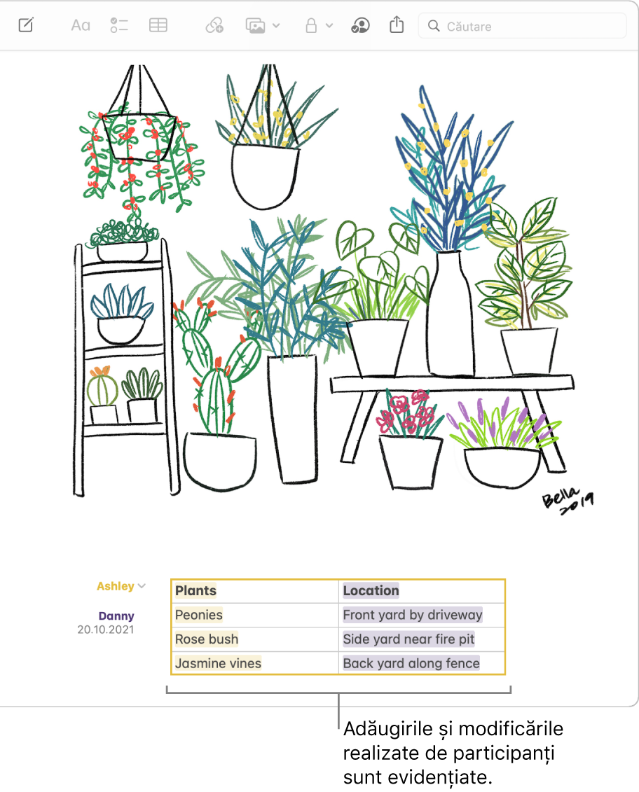 O notiță cu un tabel afișând o listă de plante și locurile lor într-o locuință. Modificările efectuate de către un alt participant sunt evidențiate.