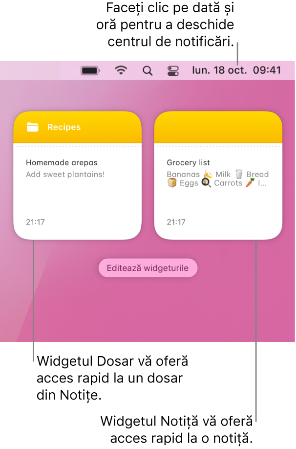 Două widgeturi Notițe: widgetul Dosar afișează un dosar în Notițe, iar widgetul Notiță afișează o notiță. Faceți clic pe data și ora din bara de meniu pentru a deschide centrul de notificări.