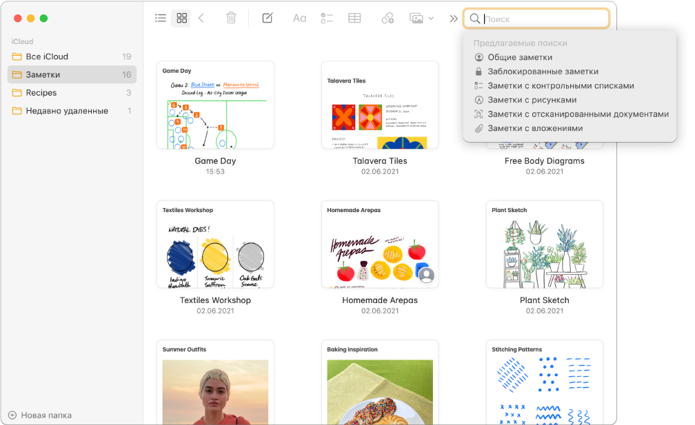 Заметки в режиме галереи: содержимое каждой заметки представлено в виде миниатюры. В правом верхнем углу показаны предлагаемые варианты запросов, например заблокированные заметки и заметки с вложениями.