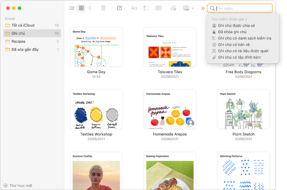 Ghi chú ở chế độ xem thư viện – đang hiển thị nội dung của từng ghi chú trong hình thu nhỏ. Các tìm kiếm được gợi ý sẽ xuất hiện ở góc trên cùng bên phải, chẳng hạn như các ghi chú bị khóa và các ghi chú có các tệp đính kèm.