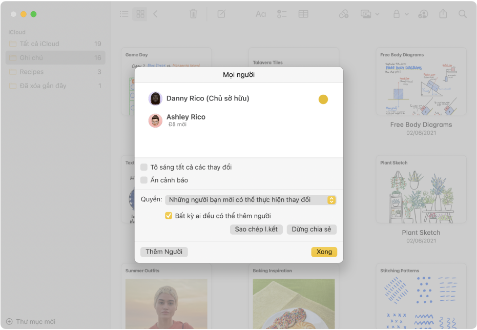 Ghi chú trong chế độ xem thư viện sau khi chọn quản lý ghi chú được chia sẻ. Bạn sẽ thấy danh sách những người đã được thêm vào ghi chú và các tùy chọn có sẵn.