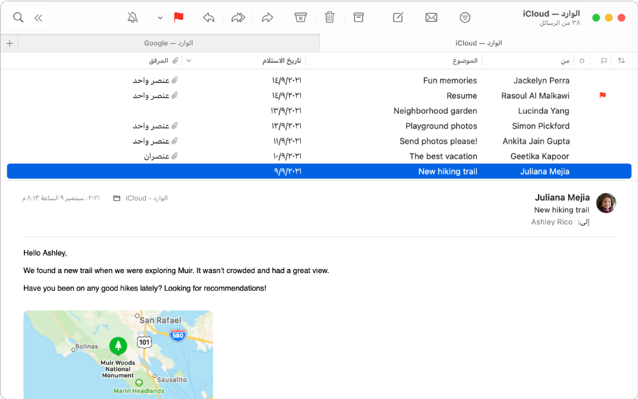 نافذة البريد تعرض قائمة الرسائل في تخطيط الأعمدة—مع أعمدة مثل من والموضوع وتاريخ الاستلام—وتظهر معاينة الرسالة أسفل القائمة.