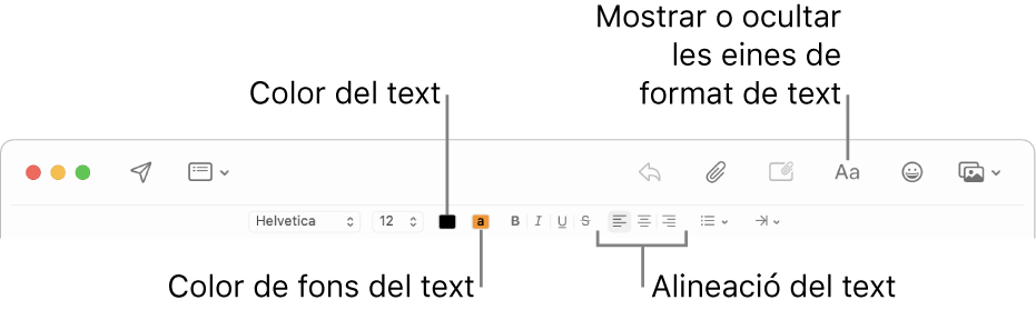 La barra d’eines i la barra de format a la finestra d’un missatge nou, indicant els botons de color de text, color de fons del text i alineació de text.