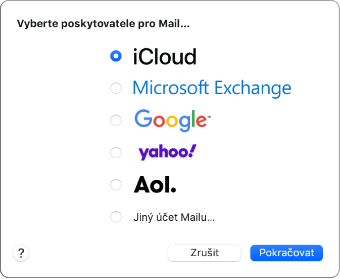 Dialogové okno umožňující volbu typu účtu, ve kterém je zobrazena nabídka účtů iCloud, Microsoft Exchange, Google, Yahoo, AOL a Jiného účtu Mailu.