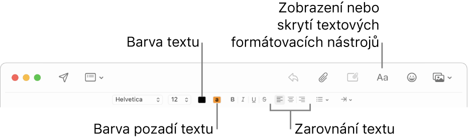 Nástrojový a formátovací panel v okně nové zprávy, v němž je vyznačena barva textu, barva pozadí textu a tlačítka pro zarovnání textu