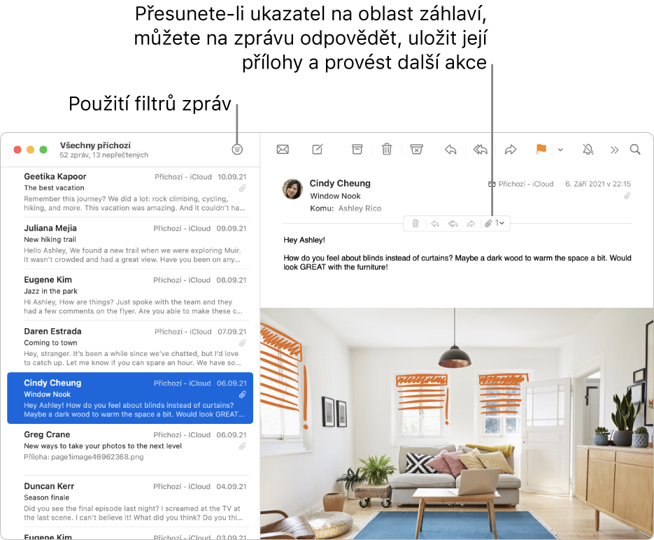 Okno Mailu. Chcete‑li použít filtry zpráv, klikněte na panelu nástrojů na tlačítko Filtrovat. Po přesunutí ukazatele na oblast záhlaví zprávy se zobrazí tlačítka pro vytvoření odpovědi, ukládání příloh a další akce.