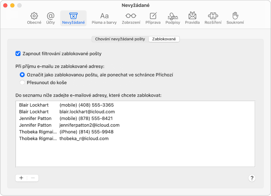 Panel předvoleb Zablokováno se seznamem zablokovaných odesilatelů. Je zaškrtnuté políčko aktivující filtrování blokované pošty a stejně tak i volba, která určuje, že blokovaná pošta má být označena, ale po přijetí ponechána ve schránce Příchozí.