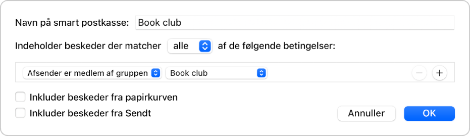 Vinduet Smart gruppe med kriterierne til en gruppe med navnet “Soccer schedules”. Gruppen har to betingelser. Den første betingelse har to kriterier, der vises fra venstre mod højre: “Afsender er medlem af gruppen” (valgt på en lokalmenu) og Soccer Group (valgt på en lokalmenu). Den anden betingelse har et enkelt kriterie: “Indeholder bilag” (valgt på en lokalmenu).