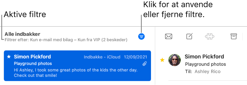 Vinduet Mail, der viser værktøjslinjen over beskedlisten, hvor Mail viser, hvilke filtre, f.eks. “Kun fra VIP,” der anvendes.