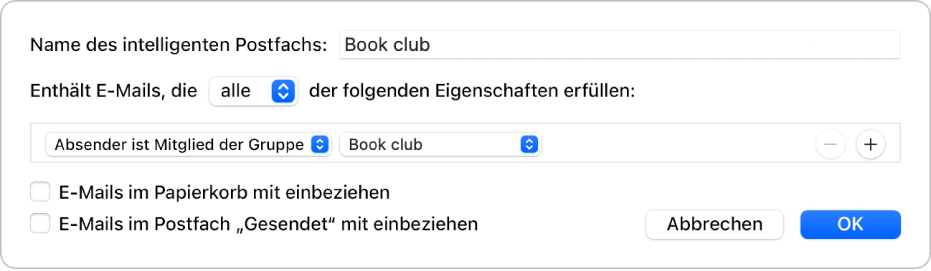 Das Fenster einer intelligenten Gruppe mit den Kriterien für eine Gruppe mit dem Namen „Trainingsplan“. Die Gruppe hat zwei Bedingungen. Die erste Bedingung hat zwei Kriterien. Angezeigt von links nach rechts: „Absender ist Mitglied der Gruppe“ (im Einblendmenü ausgewählt) und Fußballgruppe (im Einblendmenü ausgewählt). Die zweite Bedingung hat ein Kriterium: „Enthält Anhänge“ (im Einblendmenü ausgewählt).