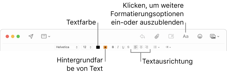 Die Symbolleiste und die Formatierleiste im Fenster für eine neue Nachricht mit den Tasten für die Textfarbe, die Hintergrundfarbe und die Textausrichtung.