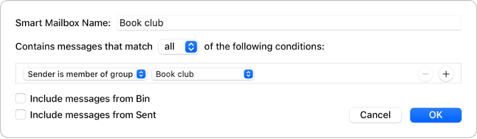 The Smart Group window showing criteria for a group named “Soccer schedules”. The group has two conditions. The first condition has two criteria, shown from left to right: “Sender is member of group” (selected in a pop-up menu) and Soccer Group (selected in a pop-up menu). The second condition has one criteria: “Contains attachments” (selected in a pop-up menu).