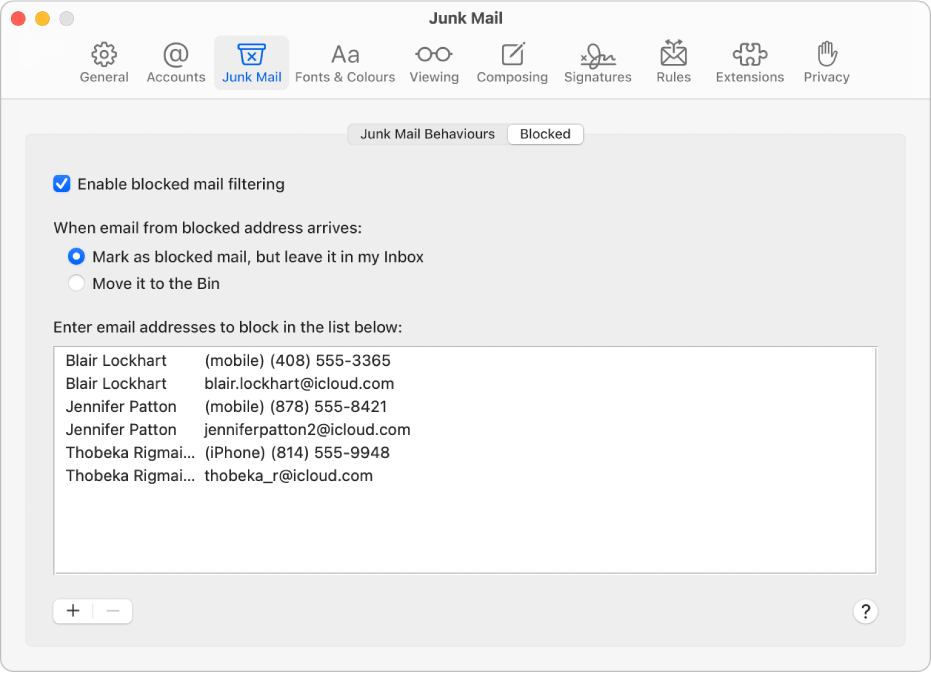 The Blocked preference pane showing a list of blocked senders. The tick box to enable blocked mail filtering is selected, as is the option to mark blocked mail but leave it in the Inbox upon arrival.