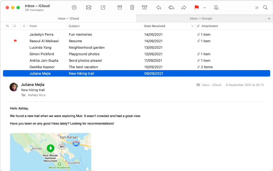 The Mail window showing the message list in column layout — with columns such as From, Subject and Date Received — and the message preview below the list.