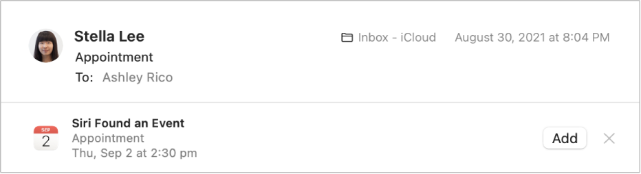 A banner below the message header in the preview area shows information about an event Siri found in the message. A link to add the event to Calendar is located at the right end.