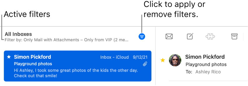 The Mail window showing the toolbar above the message list, where Mail indicates which filters, such as “Only from VIP,” are applied.
