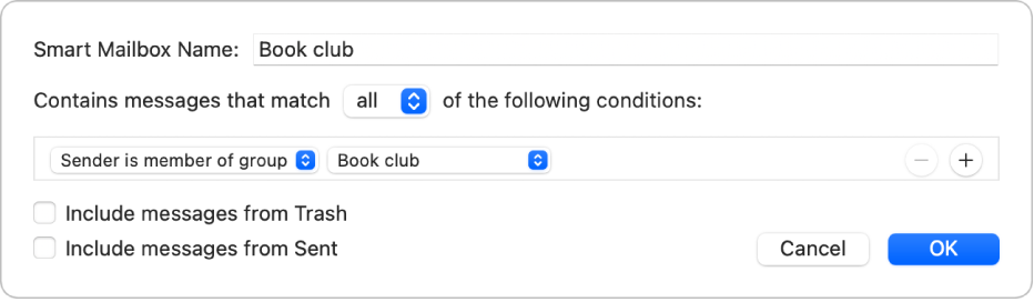The Smart Group window showing criteria for a group named “Soccer schedules.” The group has two conditions. The first condition has two criteria, shown from left to right: “Sender is member of group” (selected in a pop-up menu) and Soccer Group (selected in a pop-up menu). The second condition has one criteria: “Contains attachments” (selected in a pop-up menu).