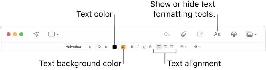 The toolbar and formatting bar in a new message window indicating the text color, text background color, and text alignment buttons.