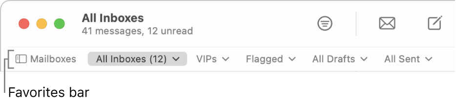 The Favorites bar showing the Mailboxes button and buttons to access favorite mailboxes, such as VIPs and Flagged.