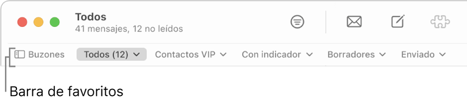 La barra de favoritos mostrando el botón Buzones y los botones para acceder a los buzones favoritos, como VIP y Con indicador.