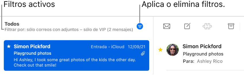 La ventana de Mail mostrando la barra de herramientas arriba de la lista de mensajes, donde Mail indica cuáles filtros están aplicados, como “sólo de VIP”.