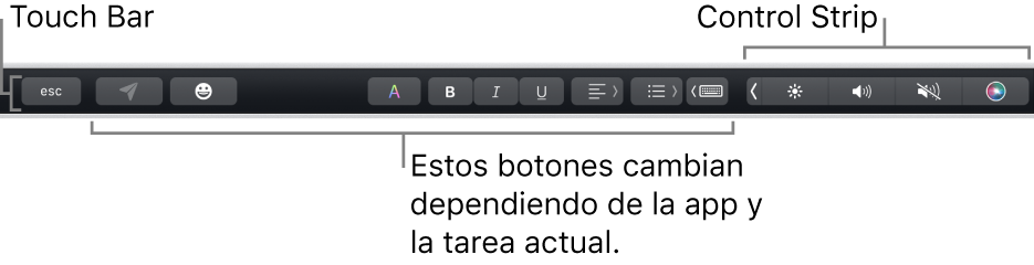 Touch Bar en la parte superior del teclado, mostrando la Control Strip contraída a la derecha y botones que varían según la app o tarea.