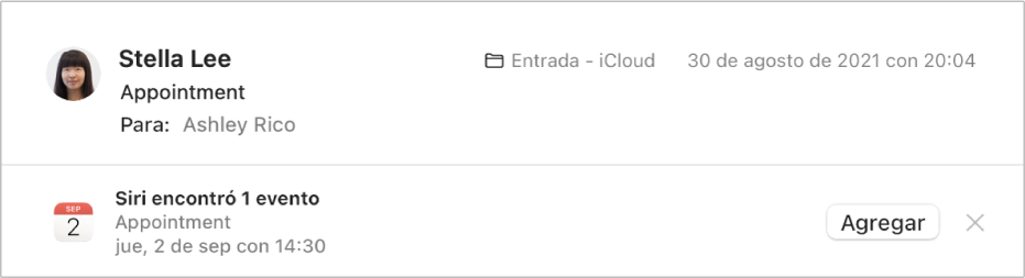 Se muestra información sobre un evento que Siri encontró en el mensaje en una tira debajo del encabezado de mensaje en el área de vista previa. En el extremo derecho se encuentra un enlace para agregar el evento a Calendario.