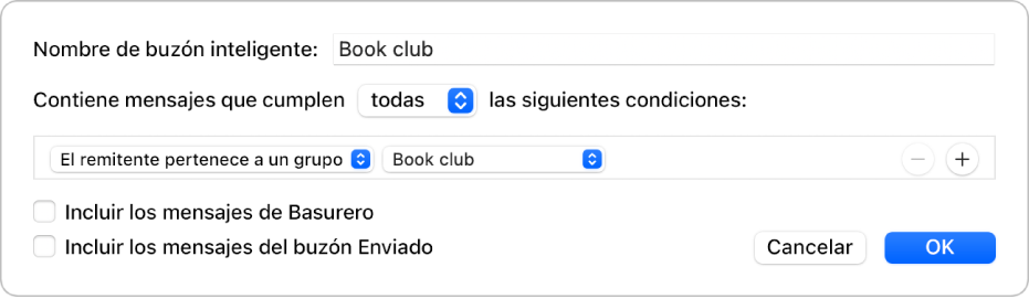 La ventana de grupos inteligentes mostrando criterios para un grupo llamado “Horarios de fútbol”. El grupo tiene dos condiciones. La primera condición tiene dos criterios, y se muestran de izquierda a derecha: “El remitente es miembro del grupo” (seleccionado en un menú desplegable) y grupo Fútbol (seleccionado en un menú desplegable). La segunda condición tiene un criterio: “Contiene archivos adjuntos” (seleccionado en un menú desplegable).