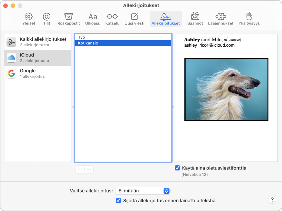 Mailin Allekirjoitukset-asetusosio, jossa näkyy allekirjoitus, joka sisältää muotoiltua tekstiä ja kuvan.