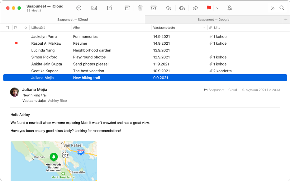 Mail-ikkuna, jossa viestiluettelo näkyy sarakeasettelussa. Sarakkeita ovat muun muassa Lähettäjä, Aihe ja Vastaanotettu. Viestin esikatselu näkyy luettelon alla.