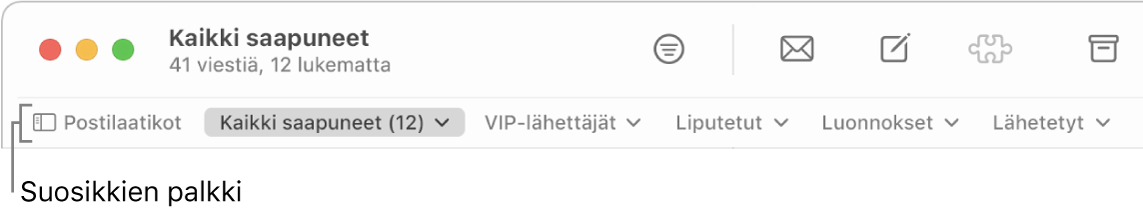 Suosikkien palkki, jossa näkyvät Postilaatikot-painike ja painikkeet suosikkipostilaatikoille, kuten VIP-lähettäjät ja Liputetut.