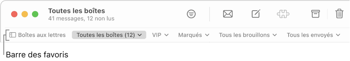 La barre des favoris comprenant le bouton « Boîtes aux lettres » et les boutons permettant d’accéder aux boîtes aux lettres favorites, telles que les boîtes VIP et Marqués.