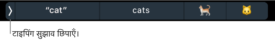 शब्द और ईमोजी दिखाते टाइपिंग सुझाव और टाइपिंग सुझावों को छिपाने के लिए बाईं ओर स्थित बटन।