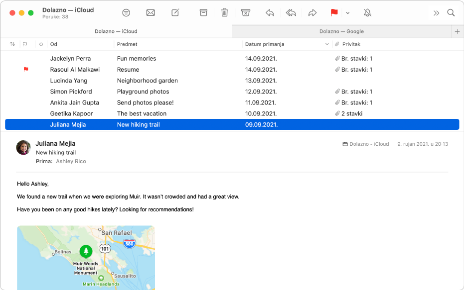 Prozor aplikacije Mail s prikazom popisa poruka u rasporedu stupaca – sa stupcima kao što su Šalje, Predmet i Datum primanja – i pretpregledom poruka ispod popisa.