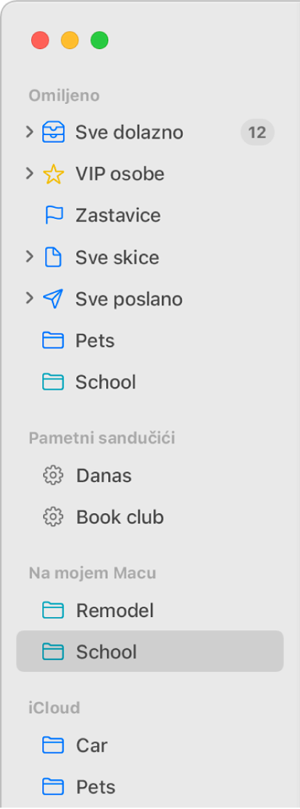 Rubni stupac aplikacije Mail koji prikazuje standardne sandučiće (kao što su Dolazna pošta i Skice) na vrhu rubnog stupca, i sandučiće koje ste izradili u odjeljku Na mom Mac računalu te u odjeljku iCloud.