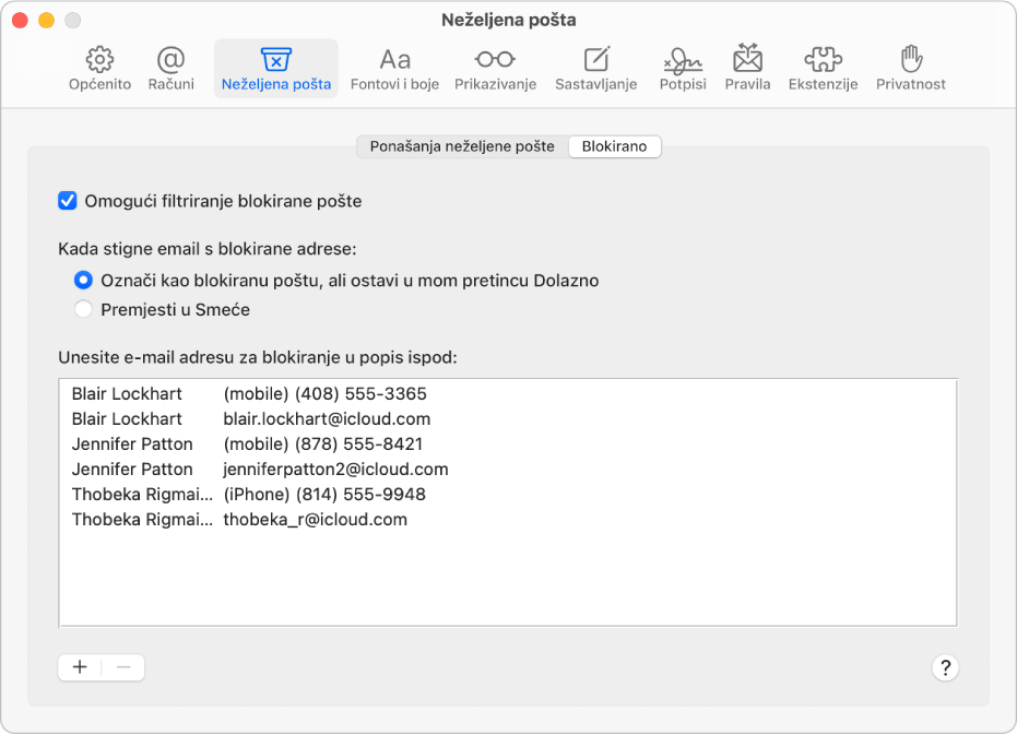 Okno postavki za opciju Blokirano s prikazom popisa blokiranih pošiljatelja. Označena je potvrdna kućica za omogućivanje filtriranja blokirane pošte, kao i opcija za označavanje blokirane pošta, ali koja po primitku ostaje u dolaznoj pošti.