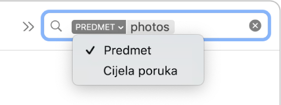 Filtar za pretraživanje čija je strelica prema dolje kliknuta za prikaz dviju opcija: Predmet i Cijela poruka. Predmet je odabran.