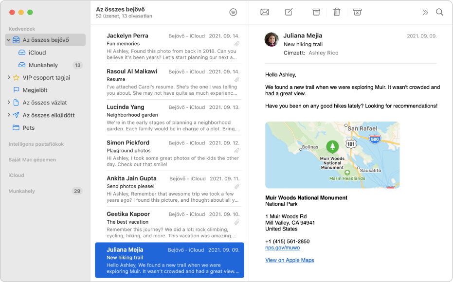 A Mail ablakának oldalsávja, amelyen az iCloud és Munkahelyi fiókok Bejövő mappái láthatók.