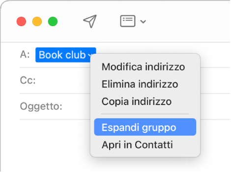 E-mail che include un gruppo nel campo A e il menu a comparsa che mostra il comando “Espandi gruppo”.
