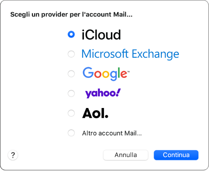 La finestra di dialogo per la selezione del tipo di account e-mail mostra le opzioni iCloud, Microsoft Exchange, Google, Yahoo, AOL e “Altro account Mail…”.